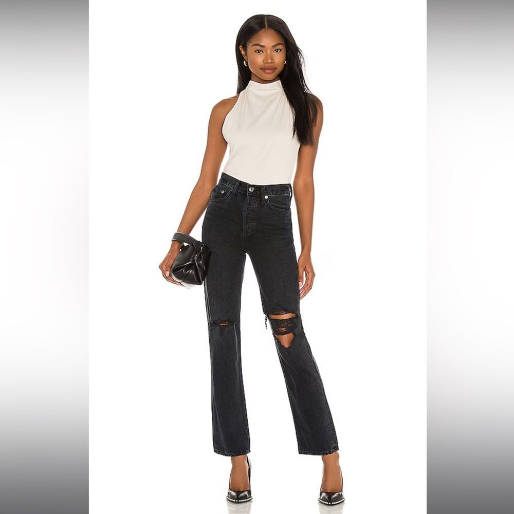 Agolde Lana Straight Distressed Jeans in Black Disorder, Size 29